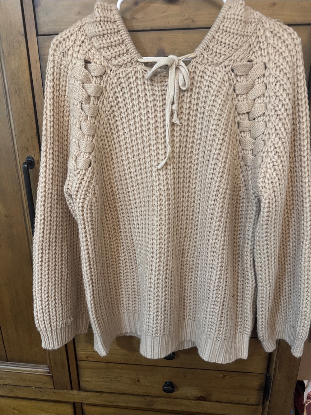 Pol Cream Chunky Knit Turtleneck with Braided Shoulder Ties